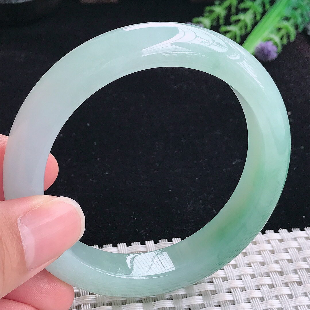 实拍A货翡翠57/12.7/9.3老坑冰胶冰飘花手镯平安镯翡翠玉镯美人镯
