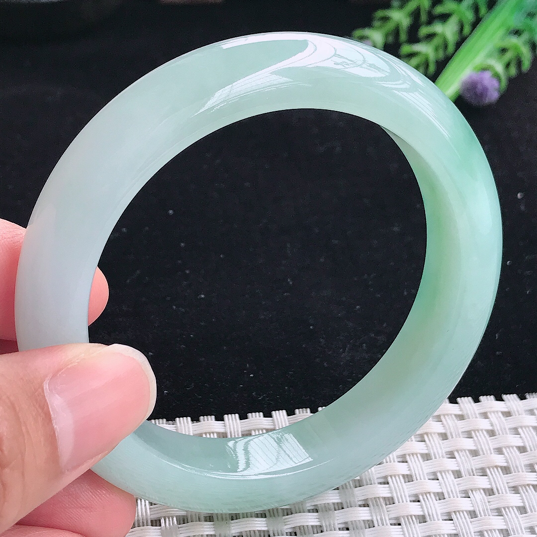 实拍A货翡翠57/12.7/9.3老坑冰胶冰飘花手镯平安镯翡翠玉镯美人镯