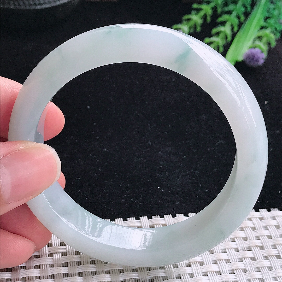 实拍A货翡翠56/13.5/9老坑冰润起胶飘花手镯平安镯翡翠玉镯美人镯