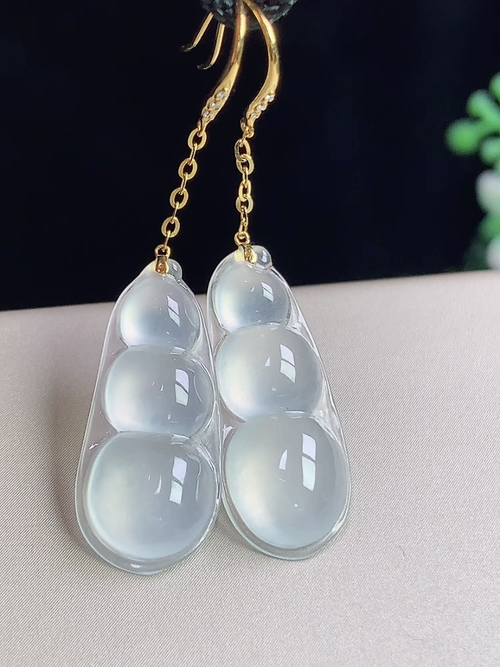 18k金镶冰种福豆耳环，无裂，尺寸23-9.9-3.7mm，L18hay