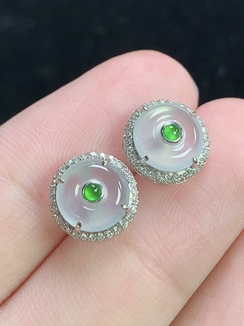 18k金镶冰种平安扣耳钉，无裂，含金尺寸9.6-4.8，裸石7.5-1.8mm，L18jay