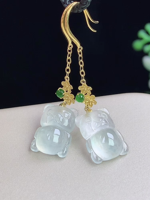 18k金镶冰种小熊耳环，无裂，尺寸12.2-8.6-4.2mm，L18hjg