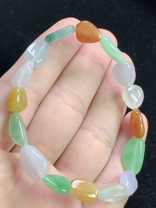 冰多彩随形玉珠手串，尺寸13.9-8.0-3.4mm，L18mzt