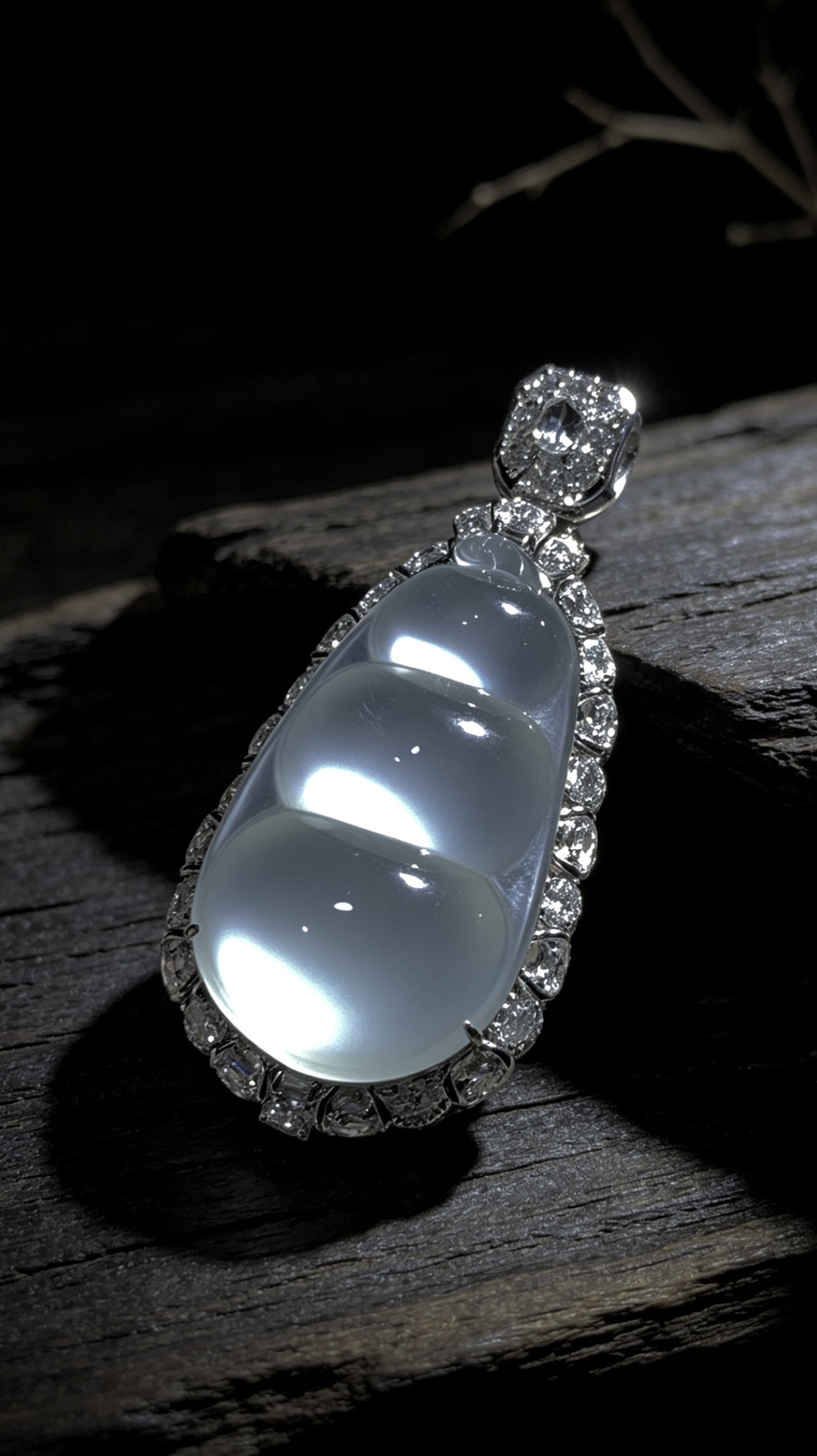 高品质四季平安豆子，
裸石33.5-19-5.8mm，
整体50-24-14mm，14.46g，
18K金，南非钻，