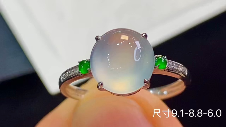 18k金+钻玻璃种蛋面戒指，无裂，9.1-8.8-6.0