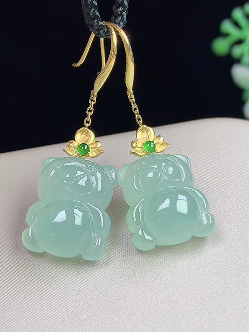 18k金镶冰晴小熊耳环，无裂，尺寸13-11-6.6mm，L18hjg