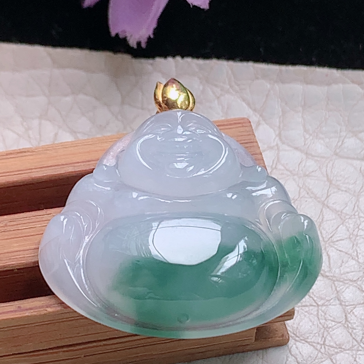 zz3实拍26*28*6缅甸翡翠冰飘花弥勒佛吊坠半山半水佛公