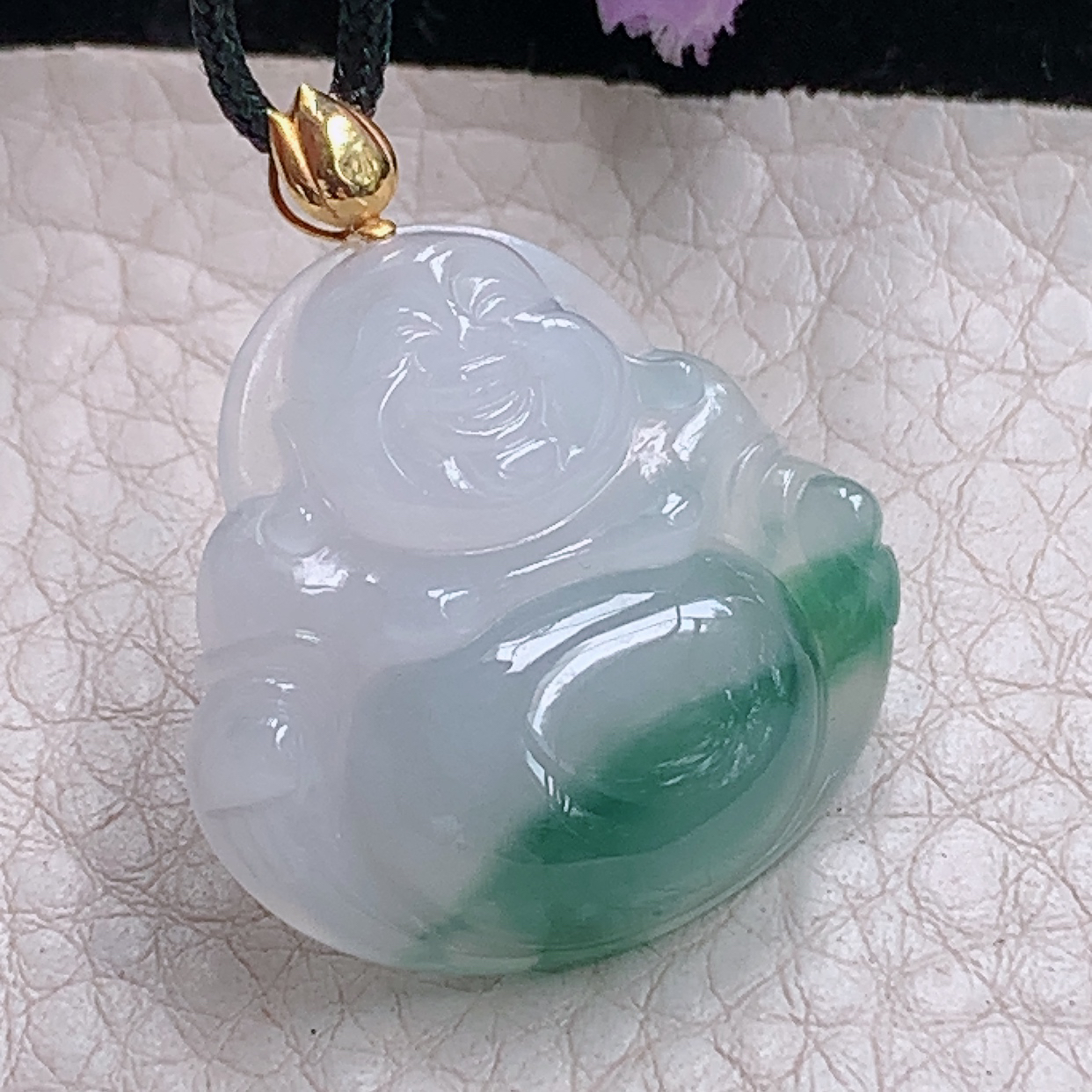 zz3实拍26*28*6缅甸翡翠冰飘花弥勒佛吊坠半山半水佛公
