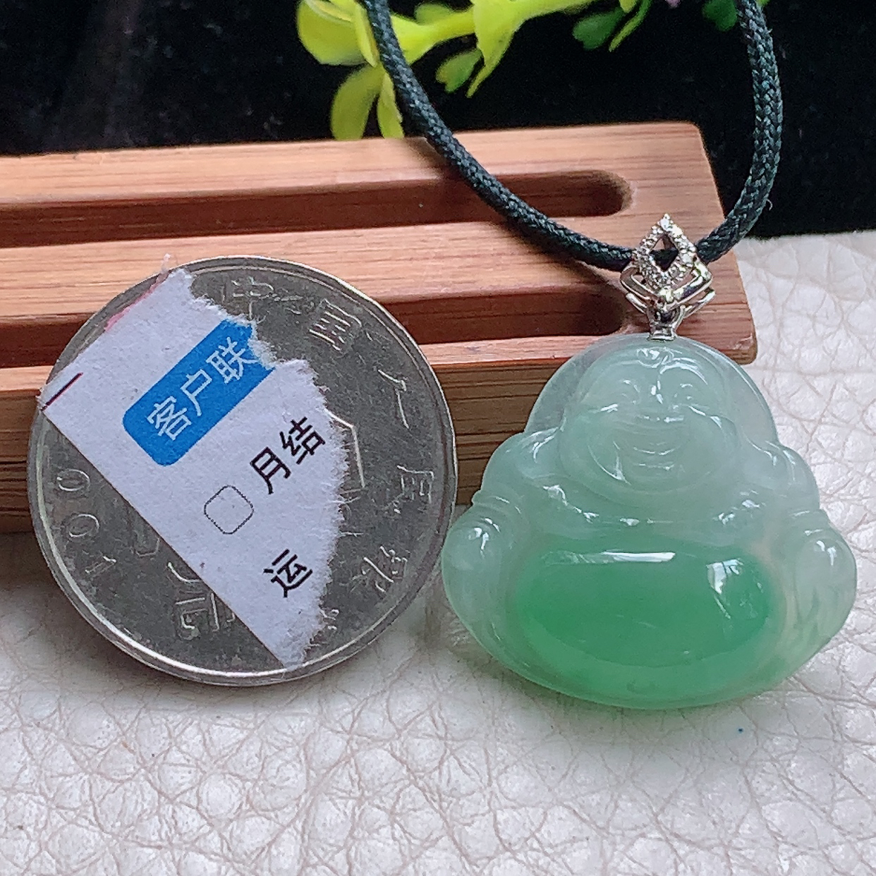 zz3实拍玉石22*24.*5.5缅甸翡翠双彩精雕佛公吊坠冰透甜绿镶金扣弥勒佛