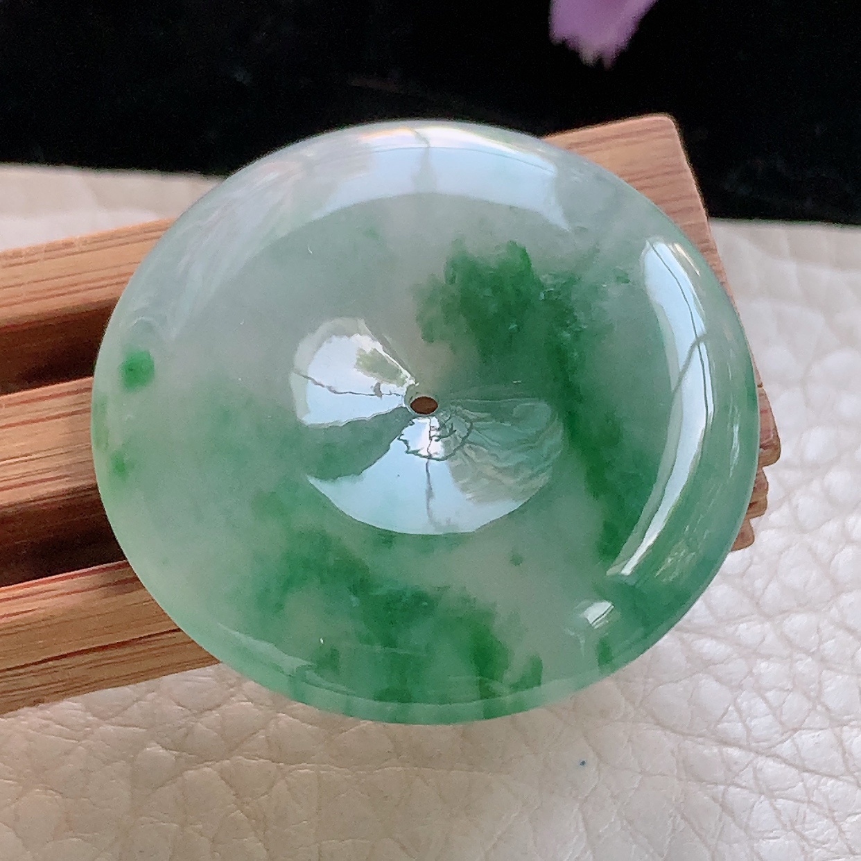 zz3实拍33.8*5.7缅甸翡翠冰飘花平安扣吊坠
