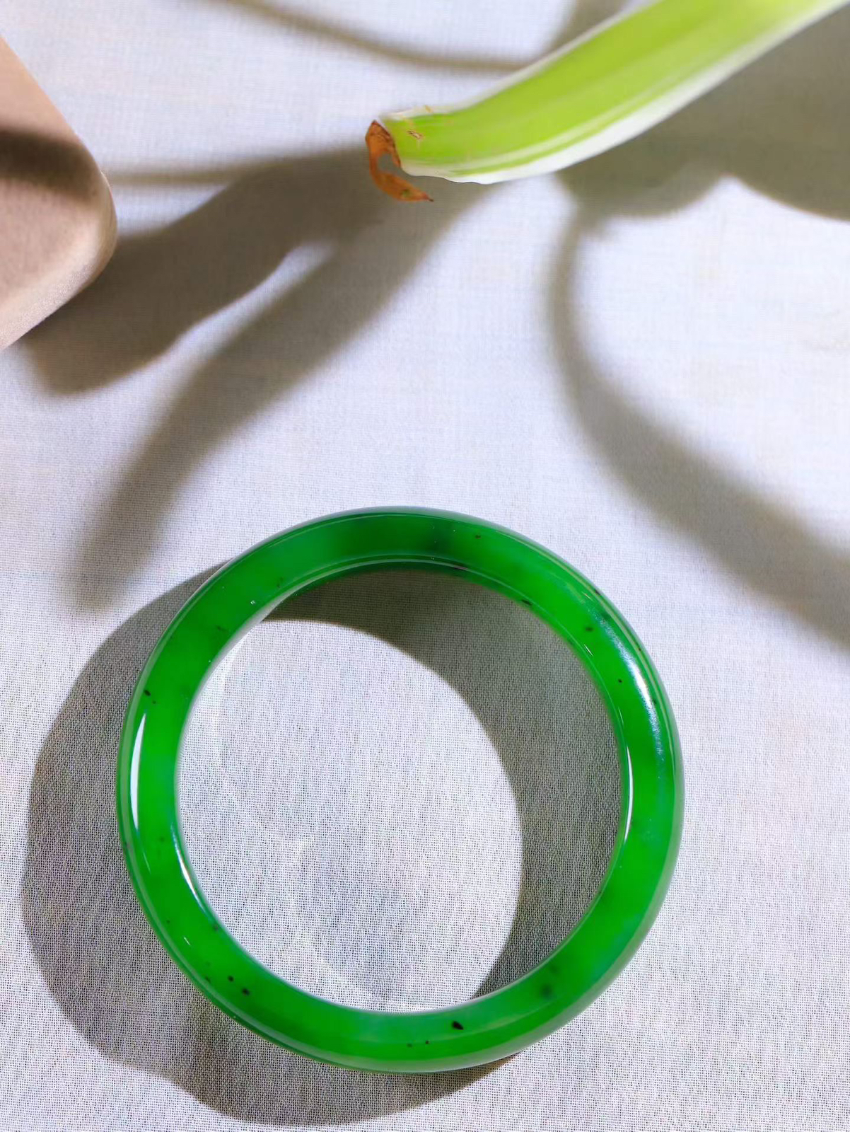 【悠悠芳华.镯】

精品和田玉碧玉手镯 玉质温润 青葱岁月，尽收腕中，婉转流畅，凝岁月悠长。盈一眸恬淡，挽一抹绿意。重44.38克 内径54mm尺寸11.4-7.7mm56601513T