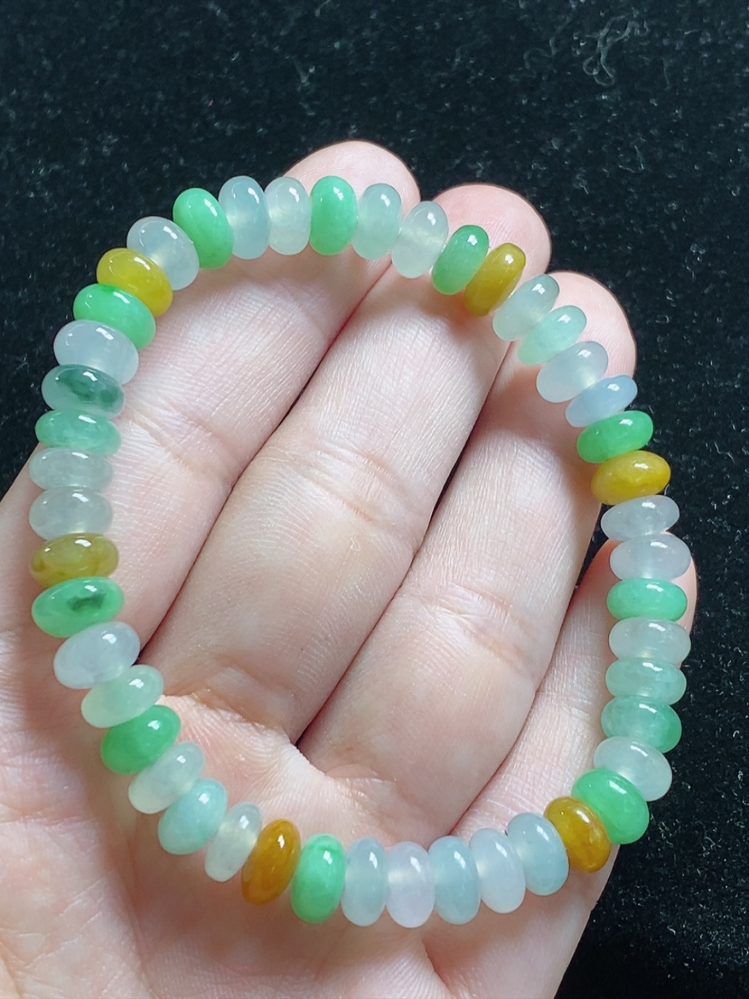 冰种多彩多宝玉珠手串，尺寸7.4-4.4mm，L20xdz