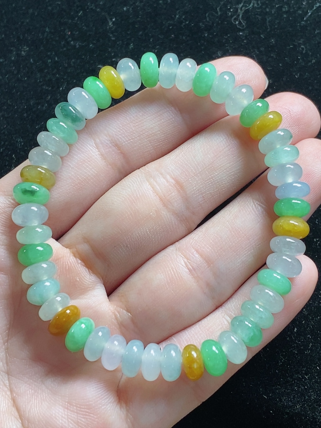冰种多彩多宝玉珠手串，尺寸7.4-4.4mm，L20xdz