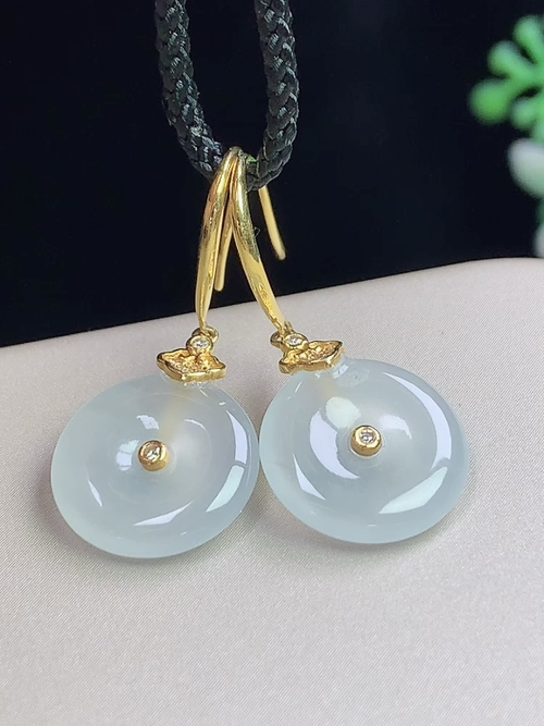 18k金镶冰种平安扣耳环，无裂，尺寸12.4-2.8mm，L20cdg