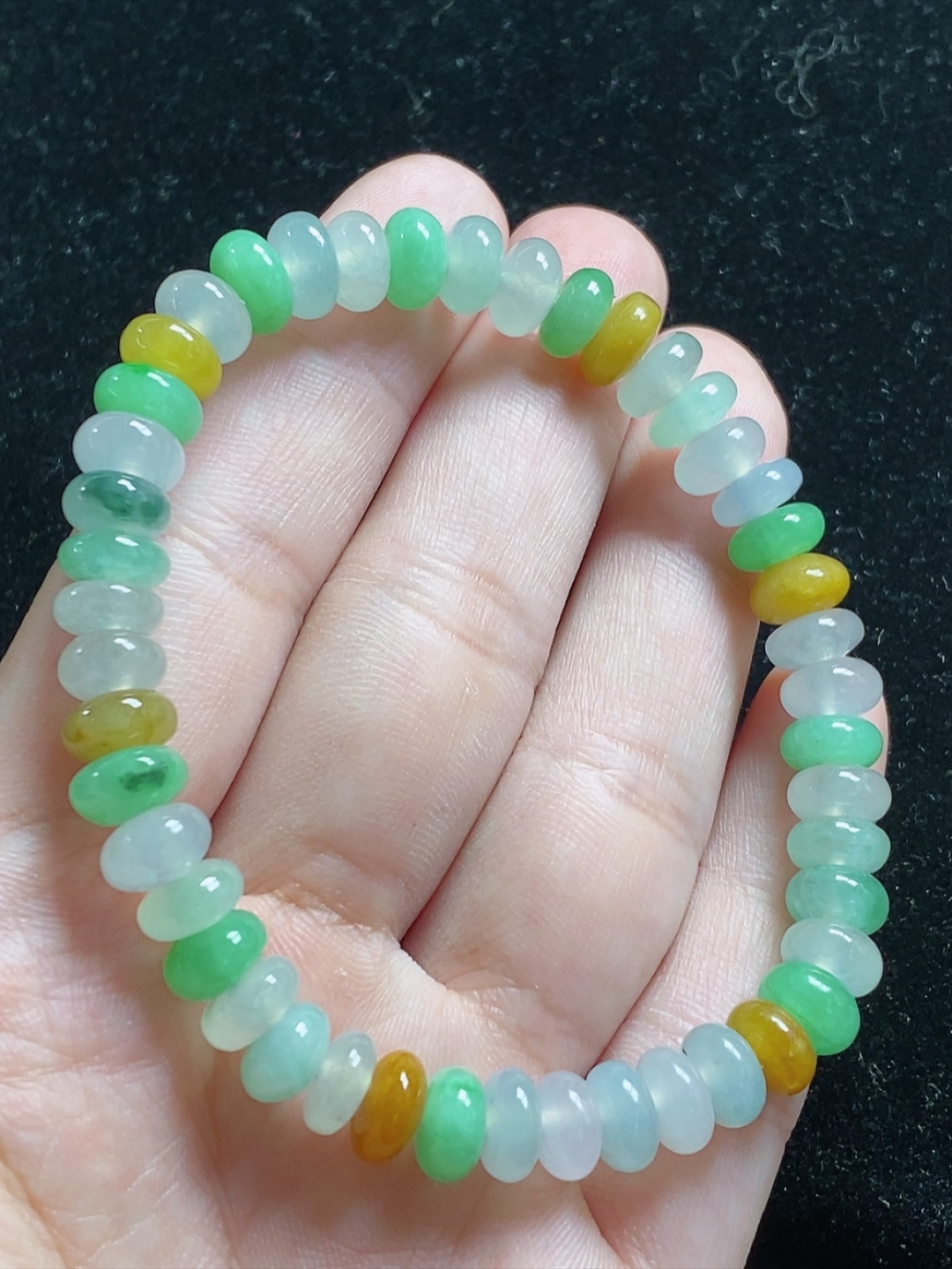 冰种多彩多宝玉珠手串，尺寸7.4-4.4mm，L20xdz