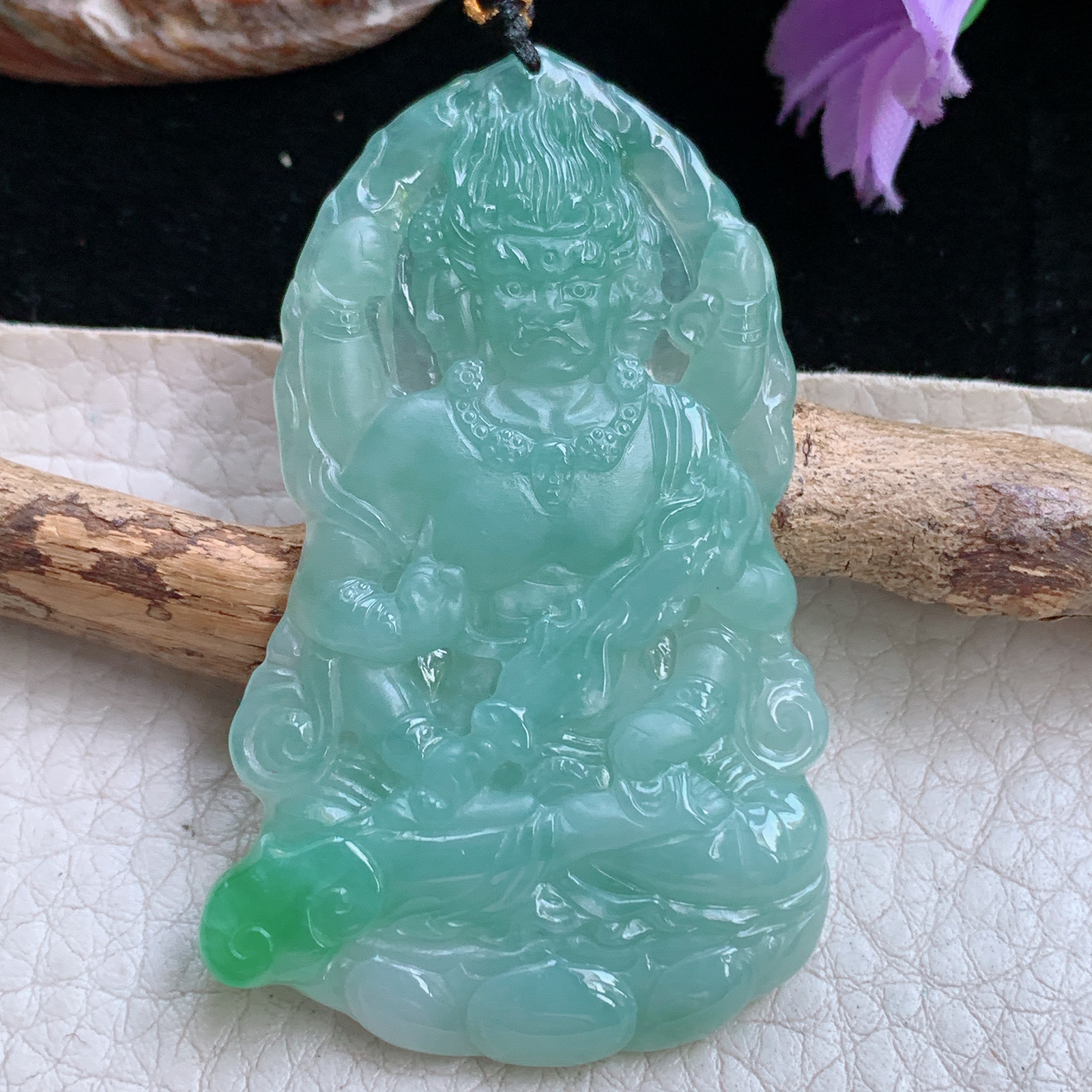 Kh实拍59*36*5.6缅甸翡翠a货精雕满绿不动冥王 生肖守护神玉吊坠