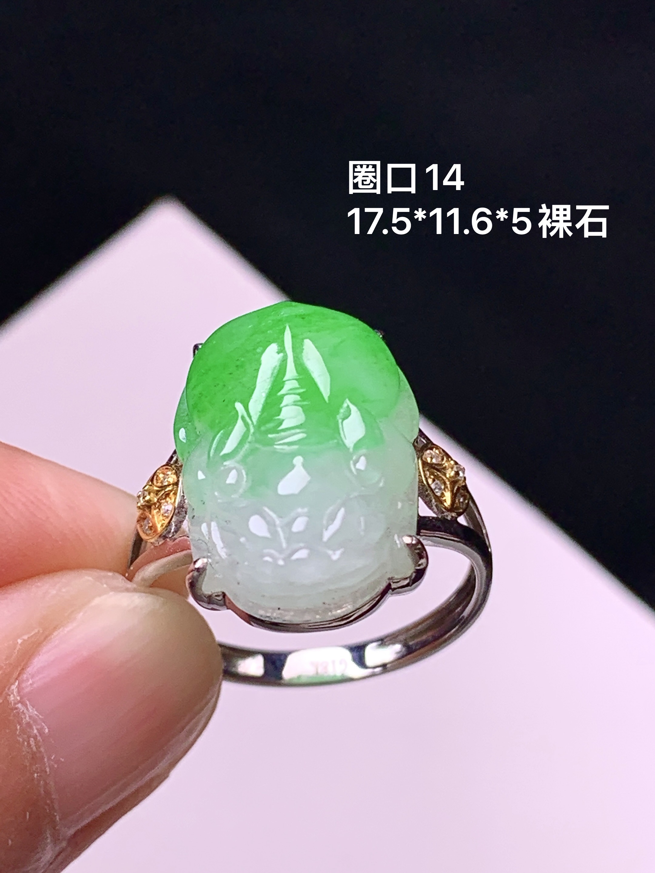 18k金镶嵌飘绿貔貅戒指 玉质细腻 色泽艳丽清新 圈口14 裸石尺寸17.5*11.6*5 a3
