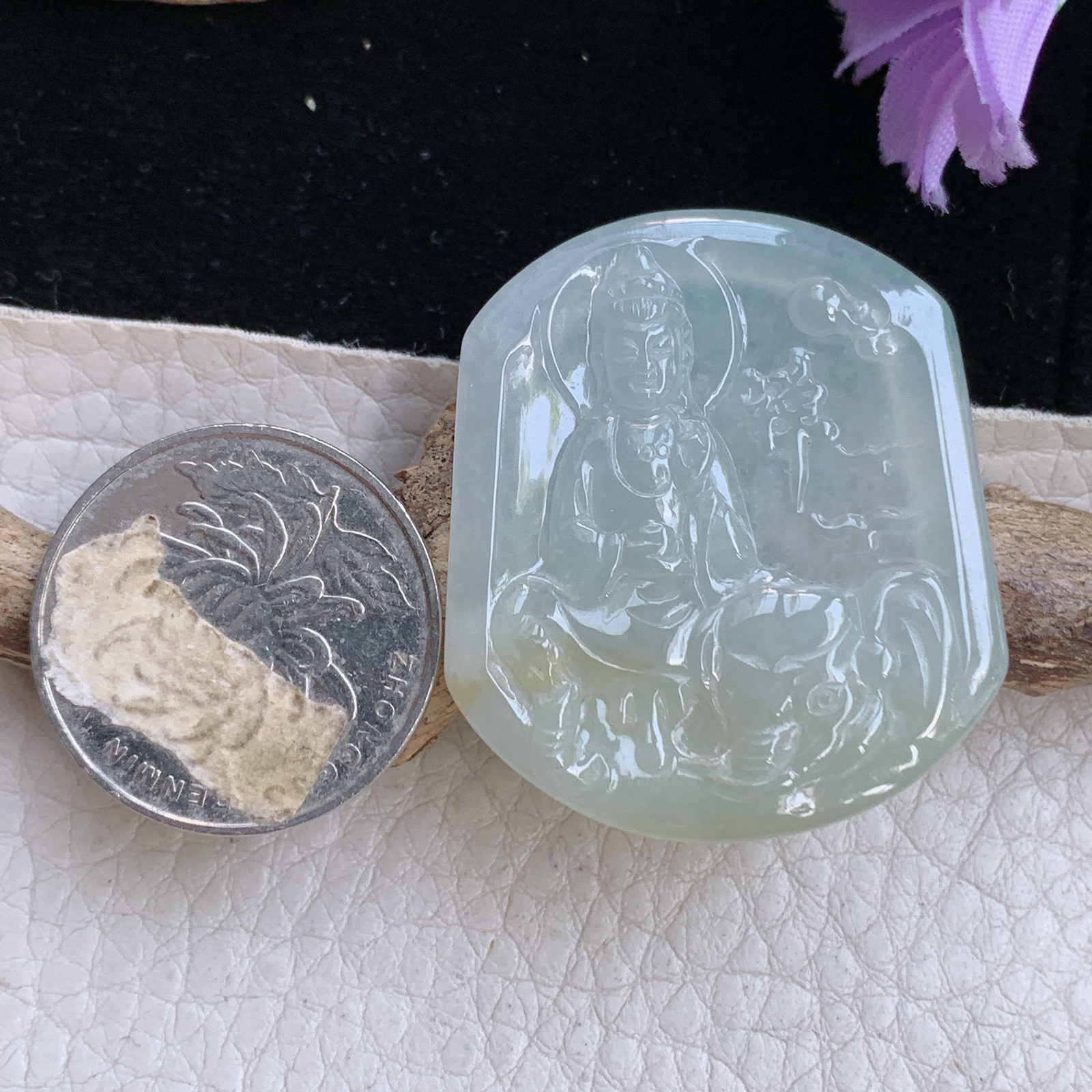 Kh实拍38.5*33.3*4.5缅甸翡翠a货精雕冰双彩普贤菩萨 生肖守护神