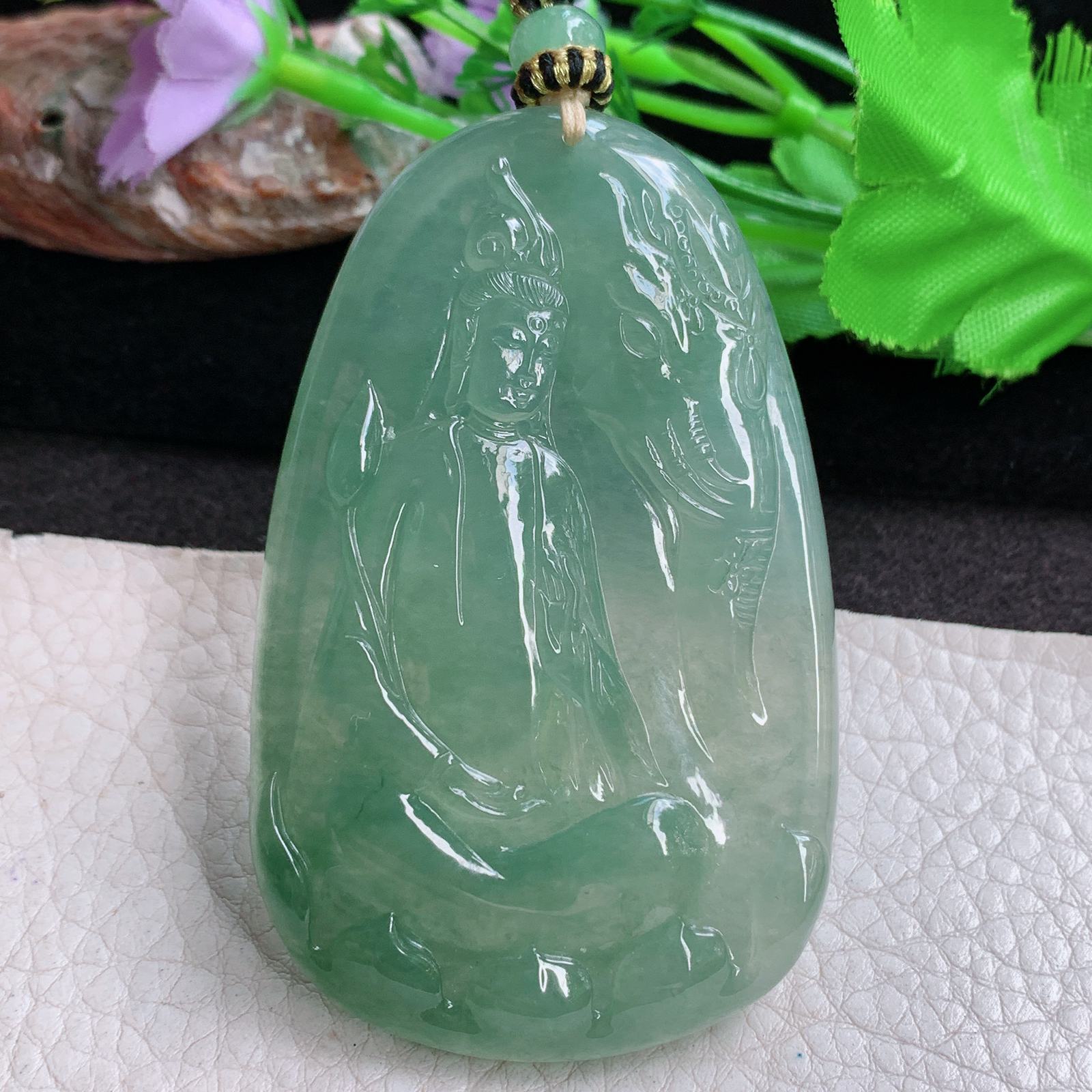 yl实拍71.8*45*6.5缅甸翡翠a货精雕冰绿普贤菩萨 生肖守护神玉吊坠