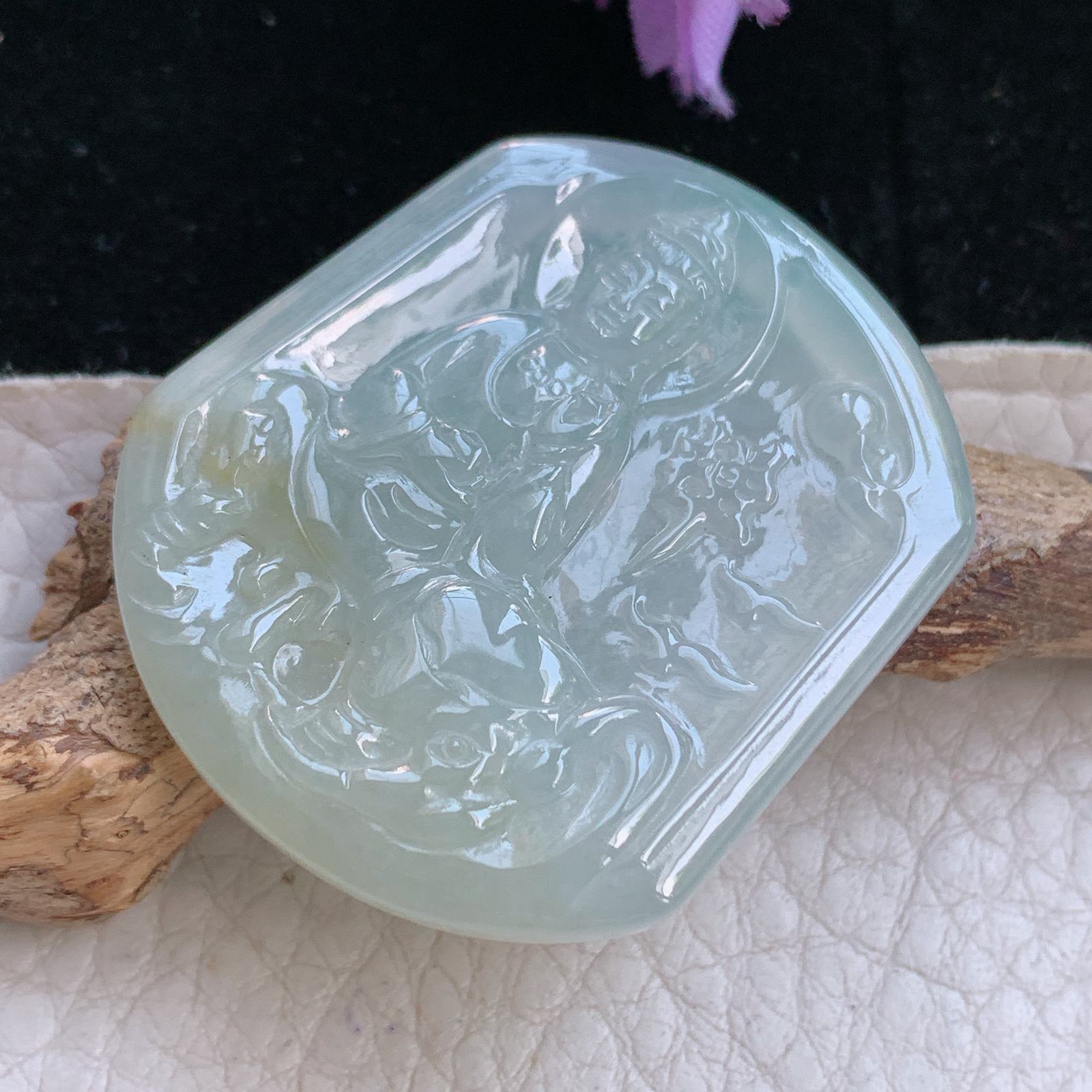 Kh实拍38.5*33.3*4.5缅甸翡翠a货精雕冰双彩普贤菩萨 生肖守护神