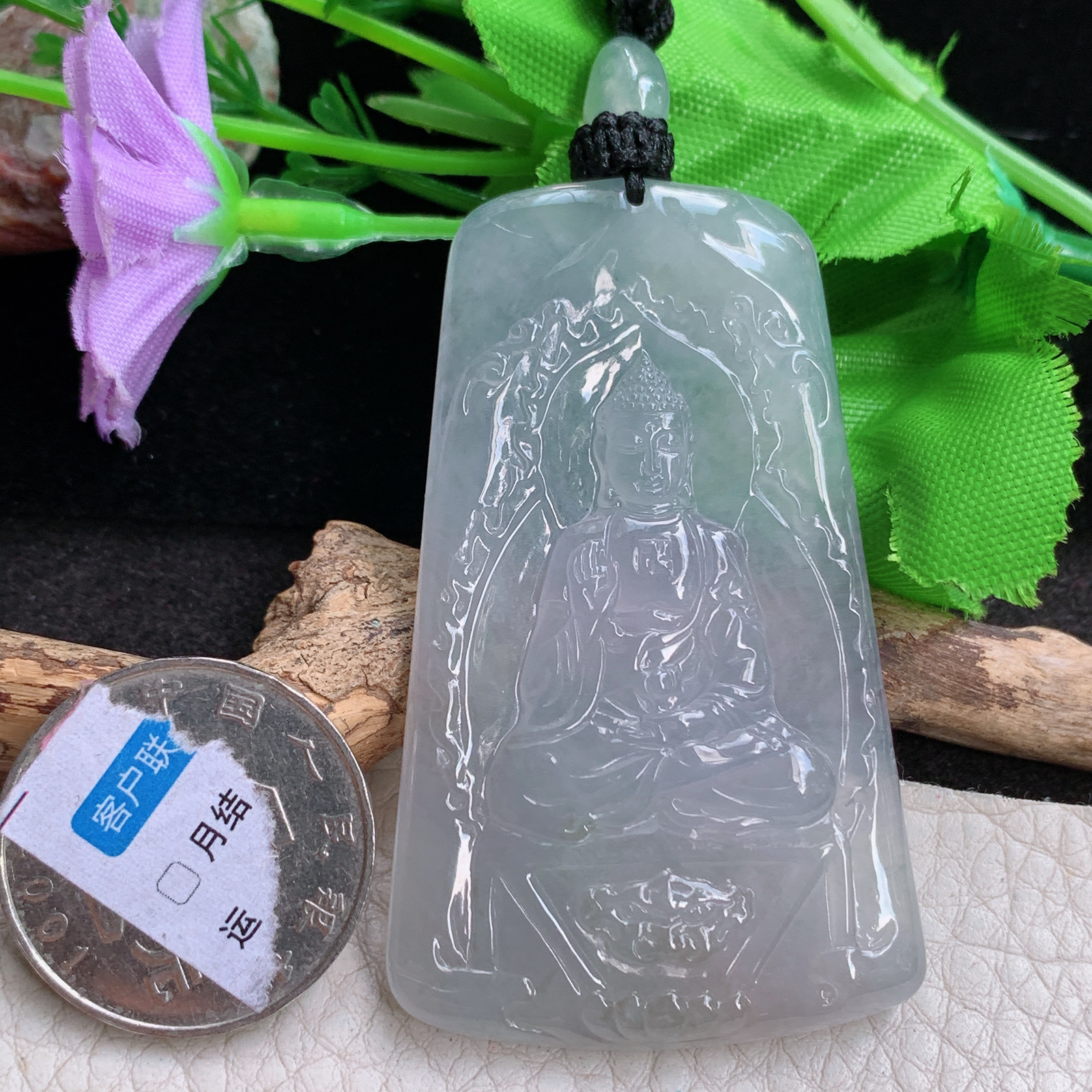yl实拍60.5*36*5.5缅甸翡翠a货精雕清纯阿弥陀佛 生肖守护神玉吊坠