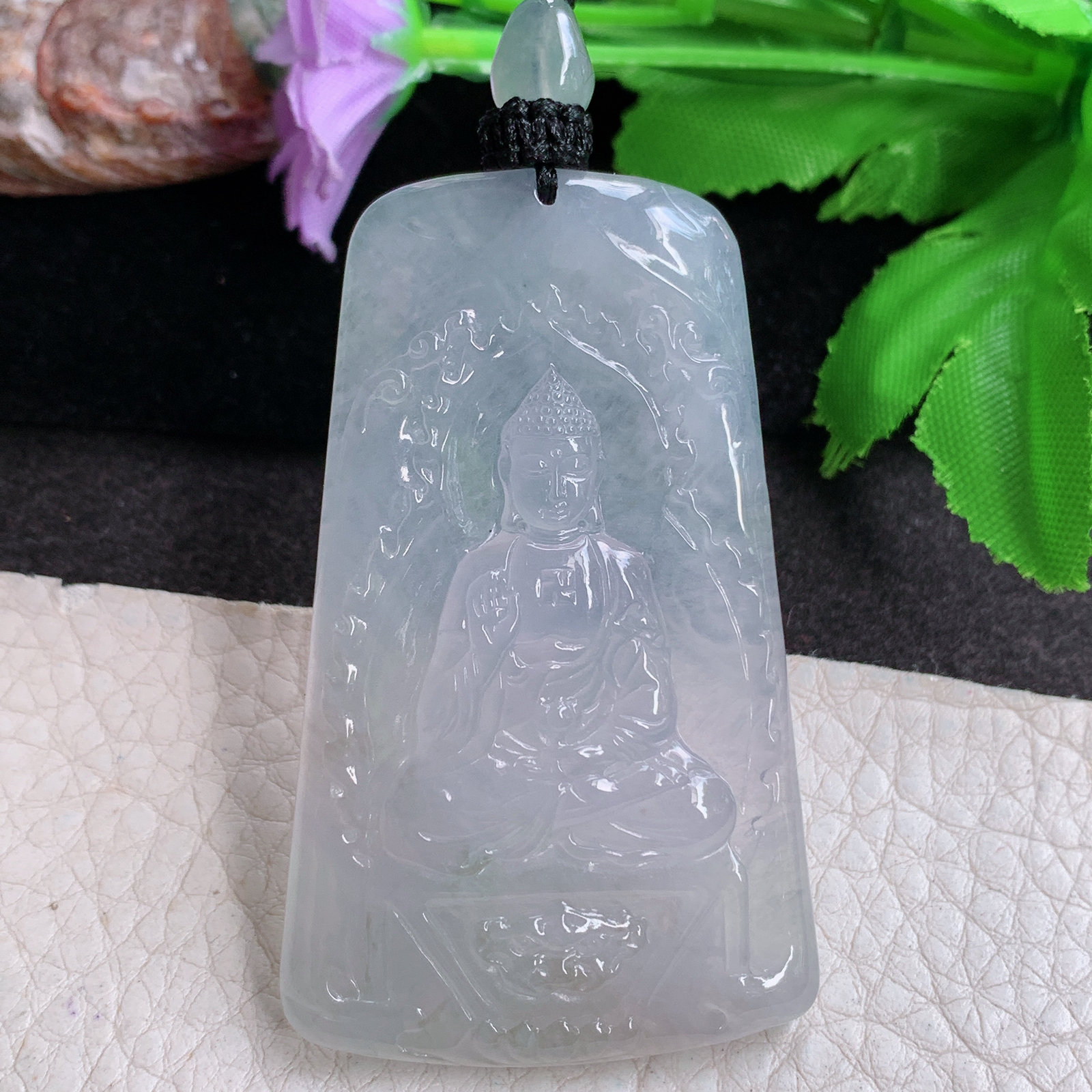 yl实拍60.5*36*5.5缅甸翡翠a货精雕清纯阿弥陀佛 生肖守护神玉吊坠