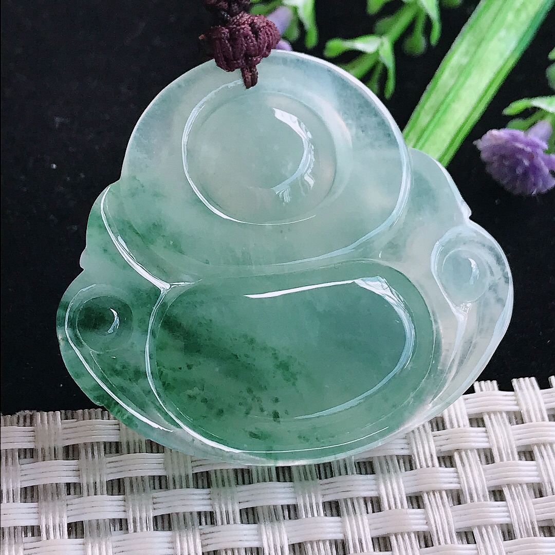实拍A货翡翠41/45.5/10.2老坑冰胶果冻冰飘花大佛公吊坠翡翠玉挂件