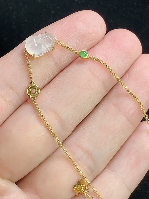 18k金镶冰种貔貅手链，裸石尺寸9.2-6.9-4.5mm，L22sag
