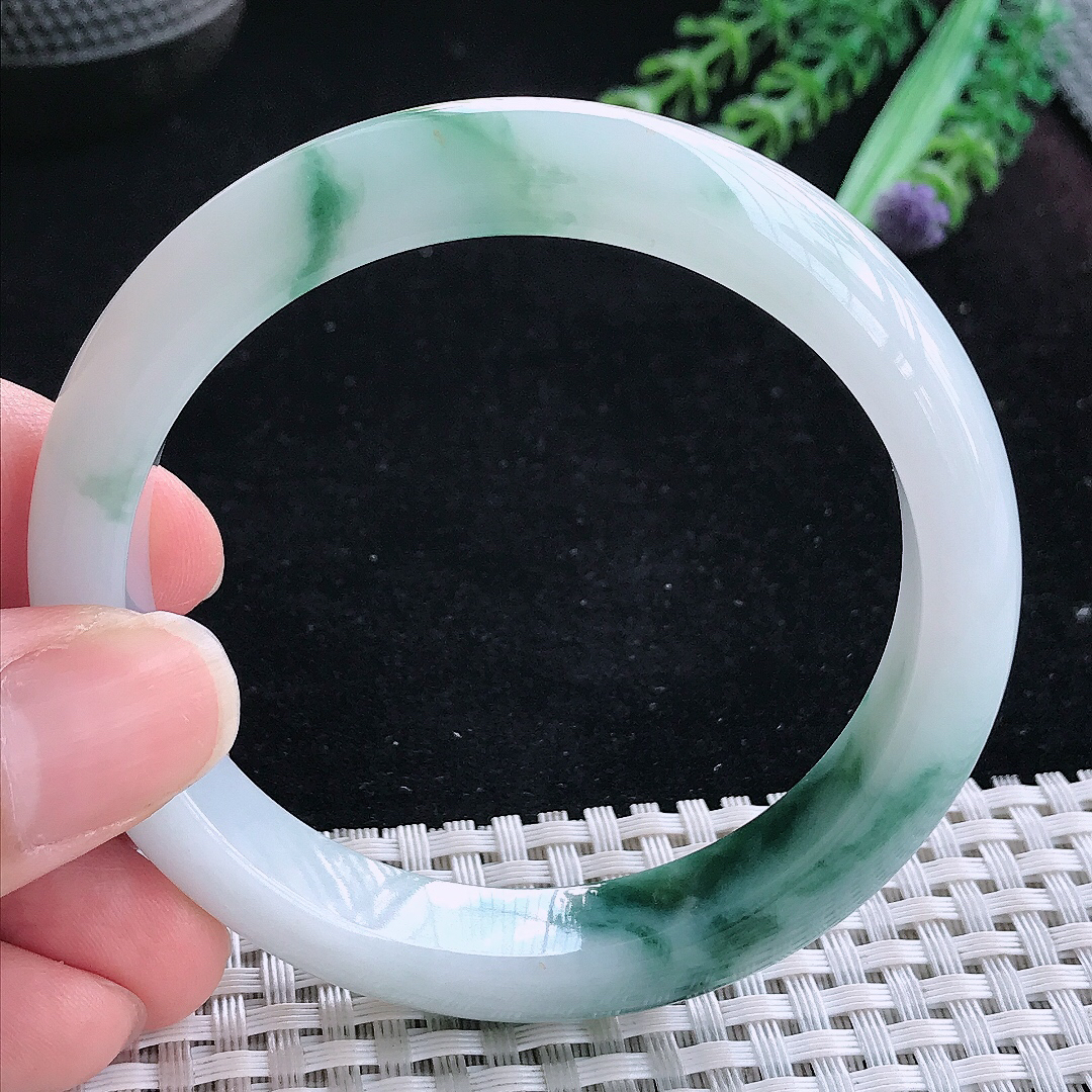 实拍A货翡翠56/11.3/8.2老坑精美冰飘花手镯宽边玉手镯