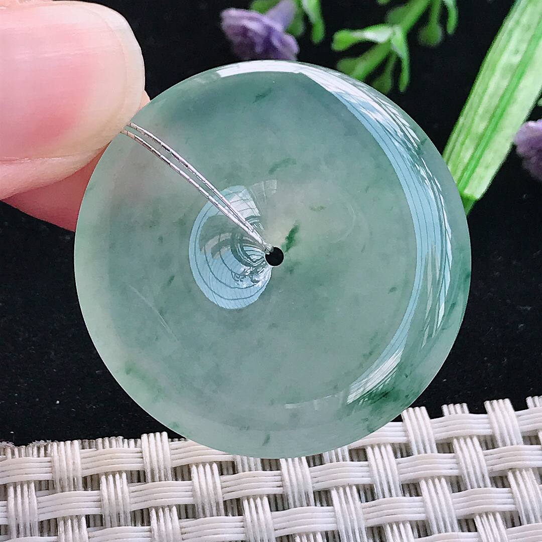 实拍A货翡翠34.9/6.2老坑冰种果冻冰飘花平安扣吊坠翡翠玉挂件