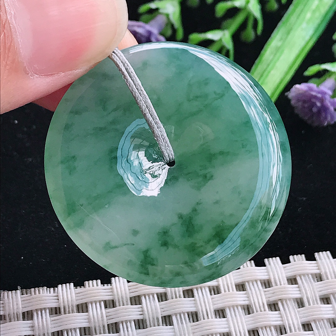 实拍A货翡翠35.9/5.6老坑冰润起胶飘花平安扣吊坠翡翠玉挂件