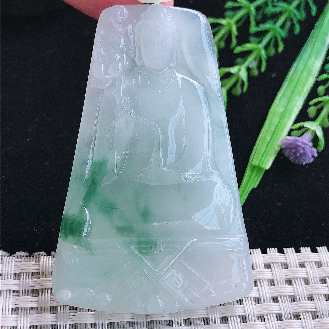 实拍A货翡翠67/44/7.5老坑冰润起胶冰飘花素衣观音吊坠翡翠玉大势至菩萨