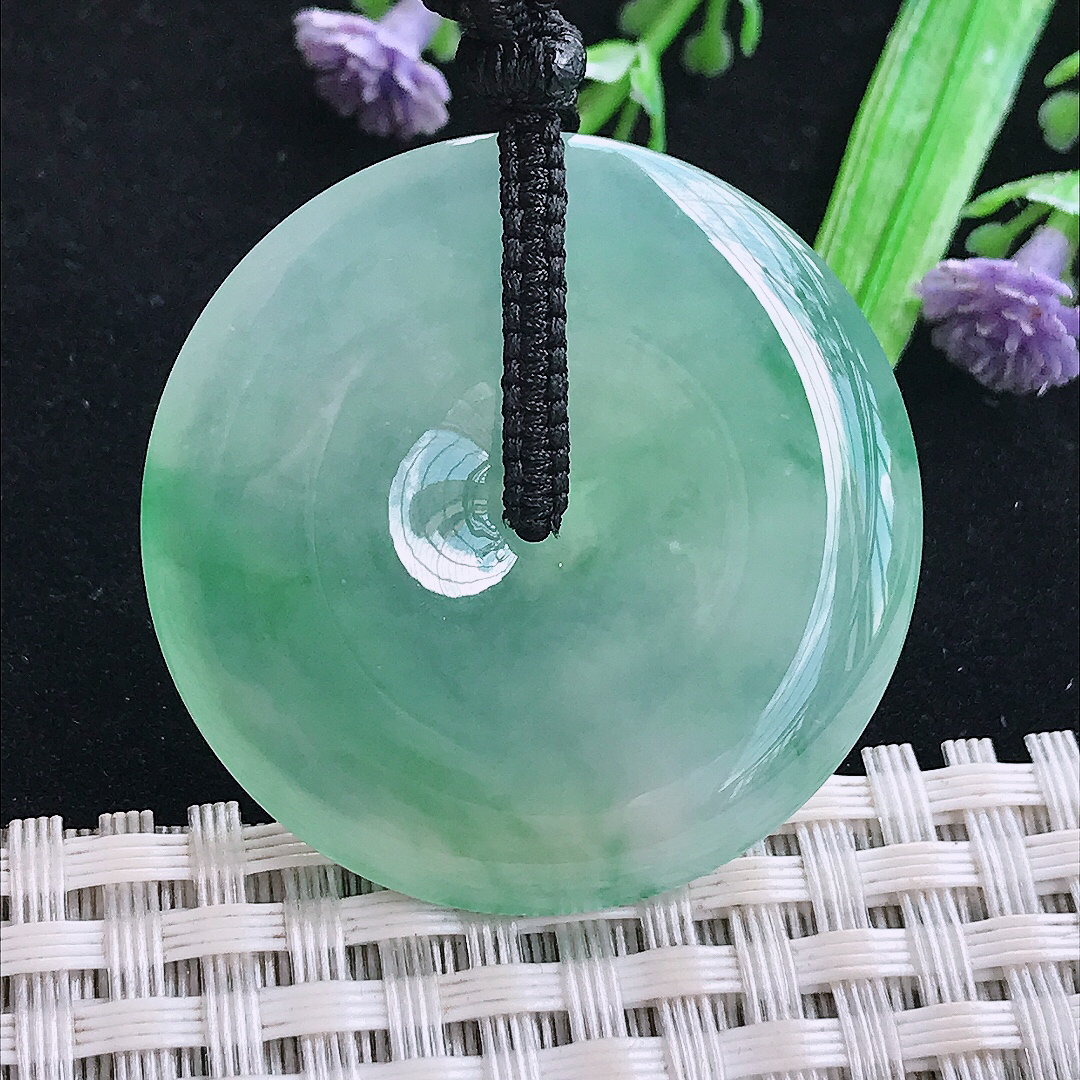 实拍A货翡翠36.5/5.8老坑冰种起胶冰晴飘绿平安扣吊坠翡翠玉扣挂件