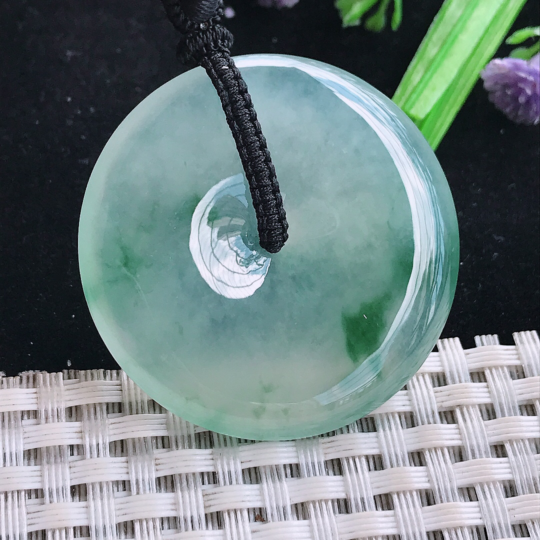 实拍A货翡翠38.2/6老坑冰种果冻冰飘花平安扣吊坠翡翠玉挂件
