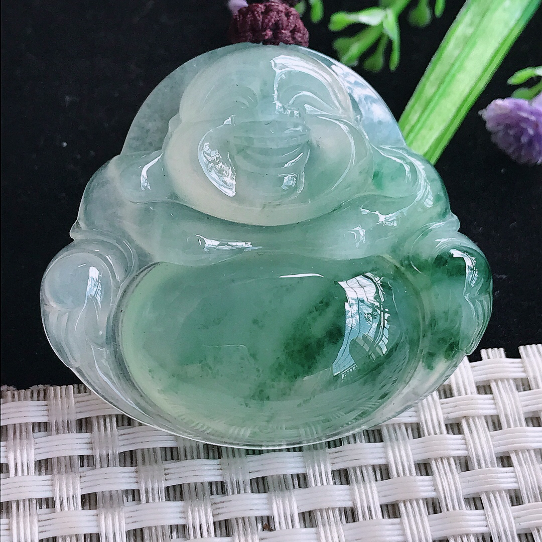 实拍A货翡翠41/45.5/10.2老坑冰胶果冻冰飘花大佛公吊坠翡翠玉挂件