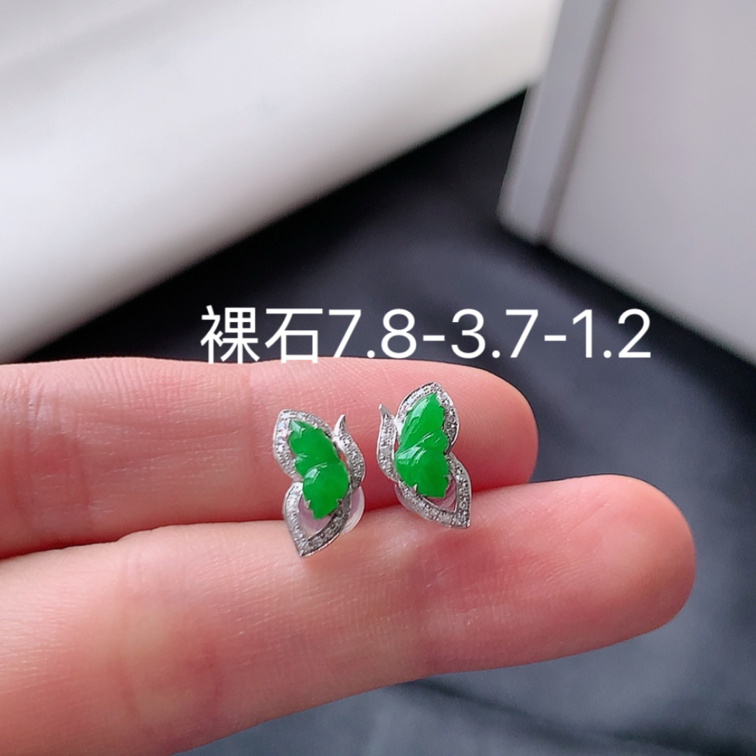 冰阳绿耳钉 翠色清新，底子细腻莹润，佩戴简单大方货号53620，7.8-3.7-1.2