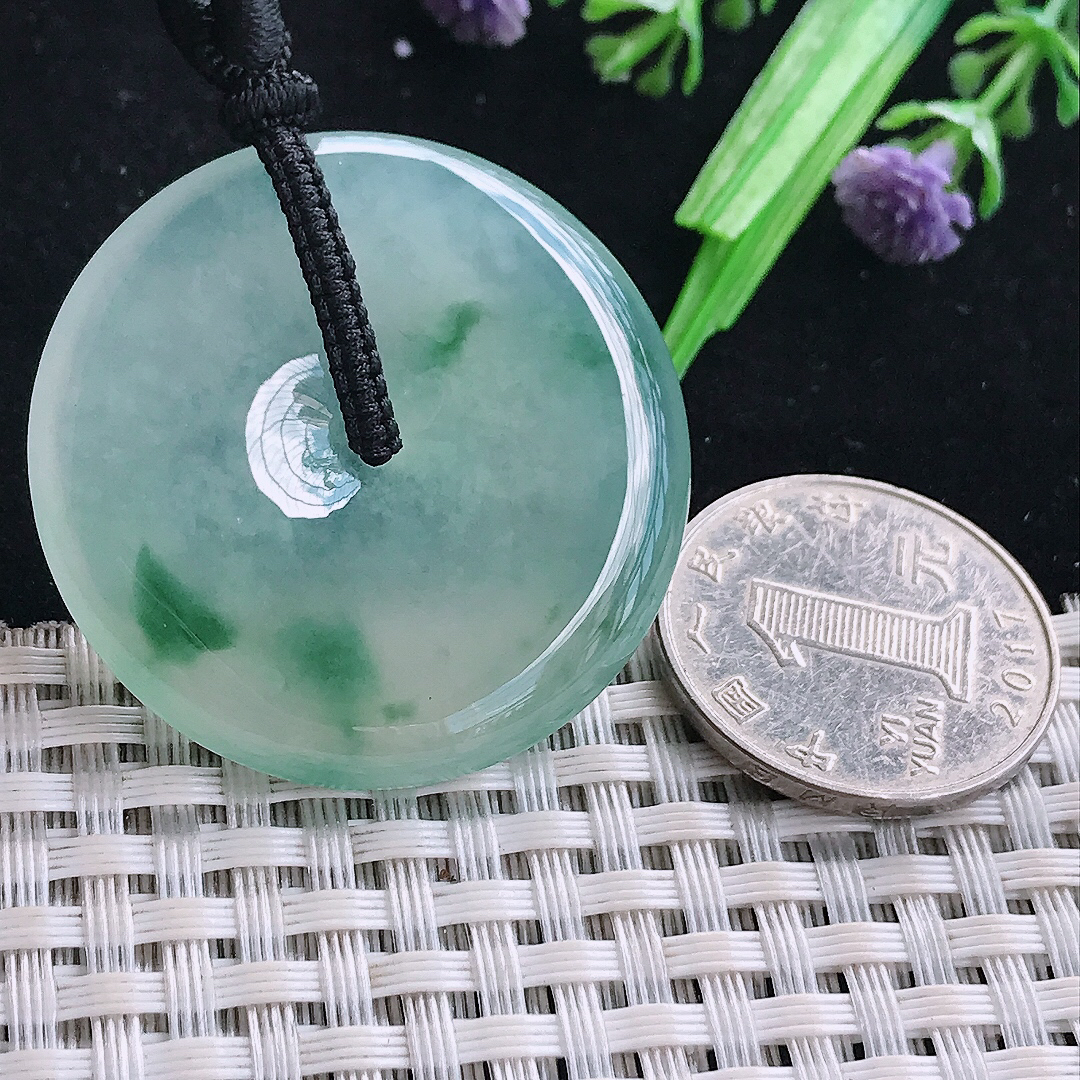 实拍A货翡翠38.2/6老坑冰种果冻冰飘花平安扣吊坠翡翠玉挂件