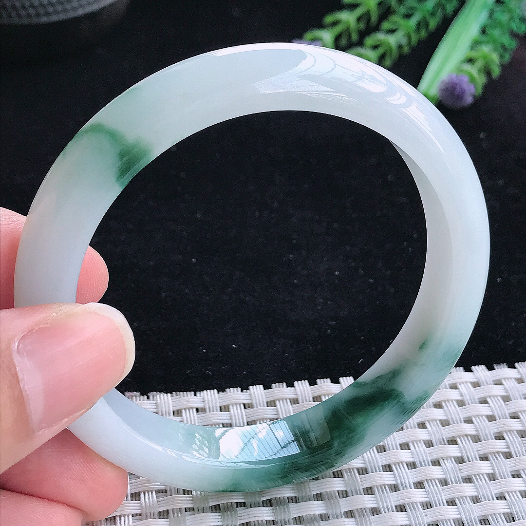 实拍A货翡翠56/11.3/8.2老坑精美冰飘花手镯宽边玉手镯