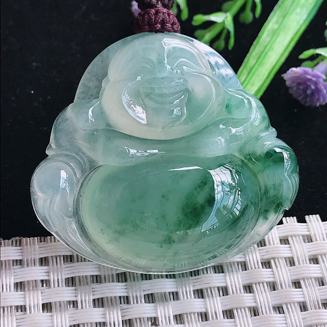 实拍A货翡翠41/45.5/10.2老坑冰胶果冻冰飘花大佛公吊坠翡翠玉挂件