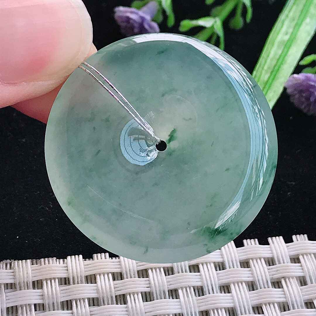 实拍A货翡翠34.9/6.2老坑冰种果冻冰飘花平安扣吊坠翡翠玉挂件