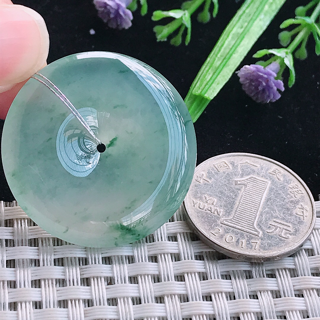 实拍A货翡翠34.9/6.2老坑冰种果冻冰飘花平安扣吊坠翡翠玉挂件