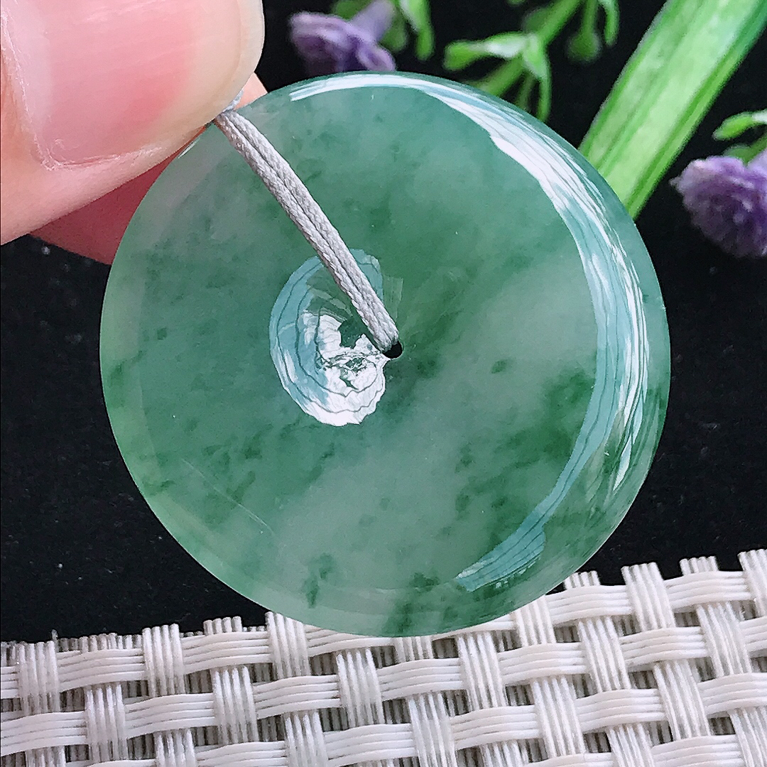 实拍A货翡翠35.9/5.6老坑冰润起胶飘花平安扣吊坠翡翠玉挂件