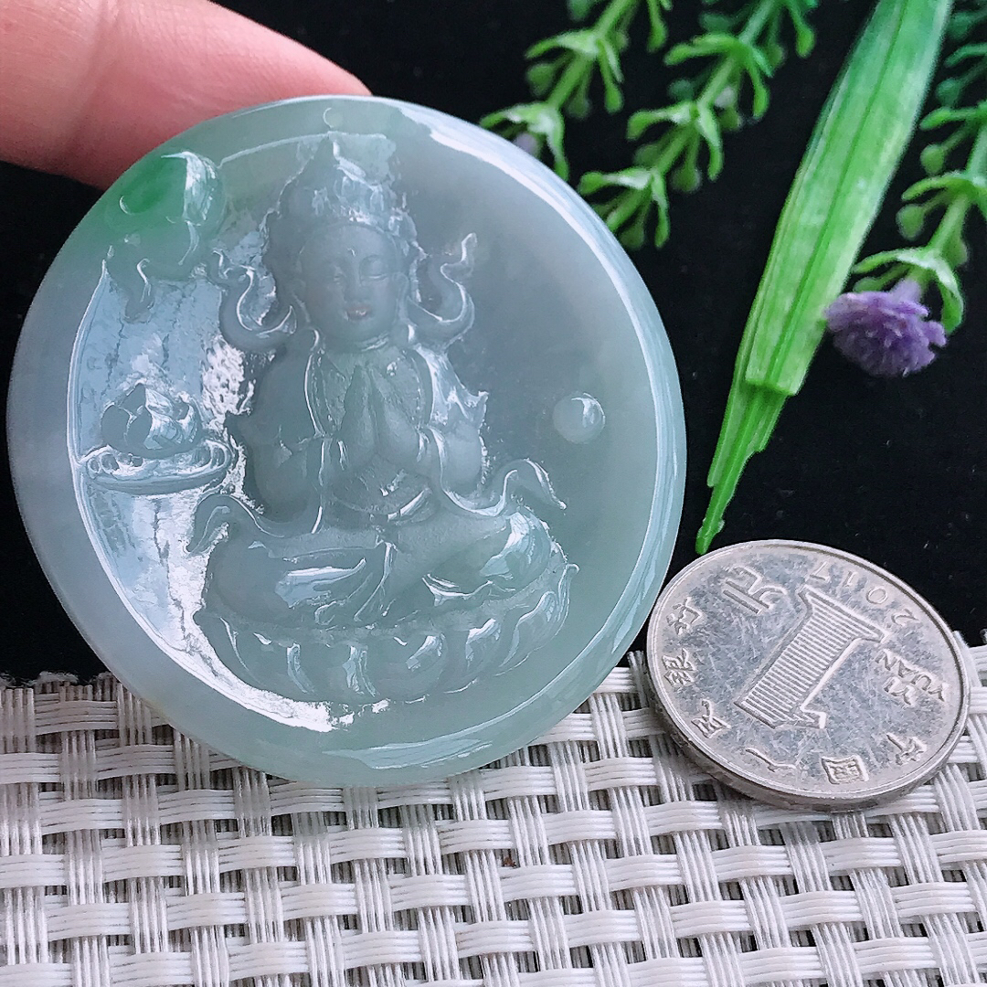 实拍A货翡翠53/5.5老坑冰润飘绿赐福观音吊坠翡翠玉挂件