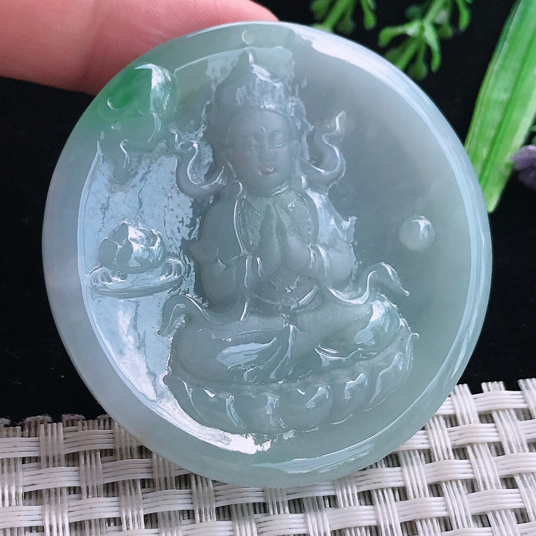 实拍A货翡翠53/5.5老坑冰润飘绿赐福观音吊坠翡翠玉挂件