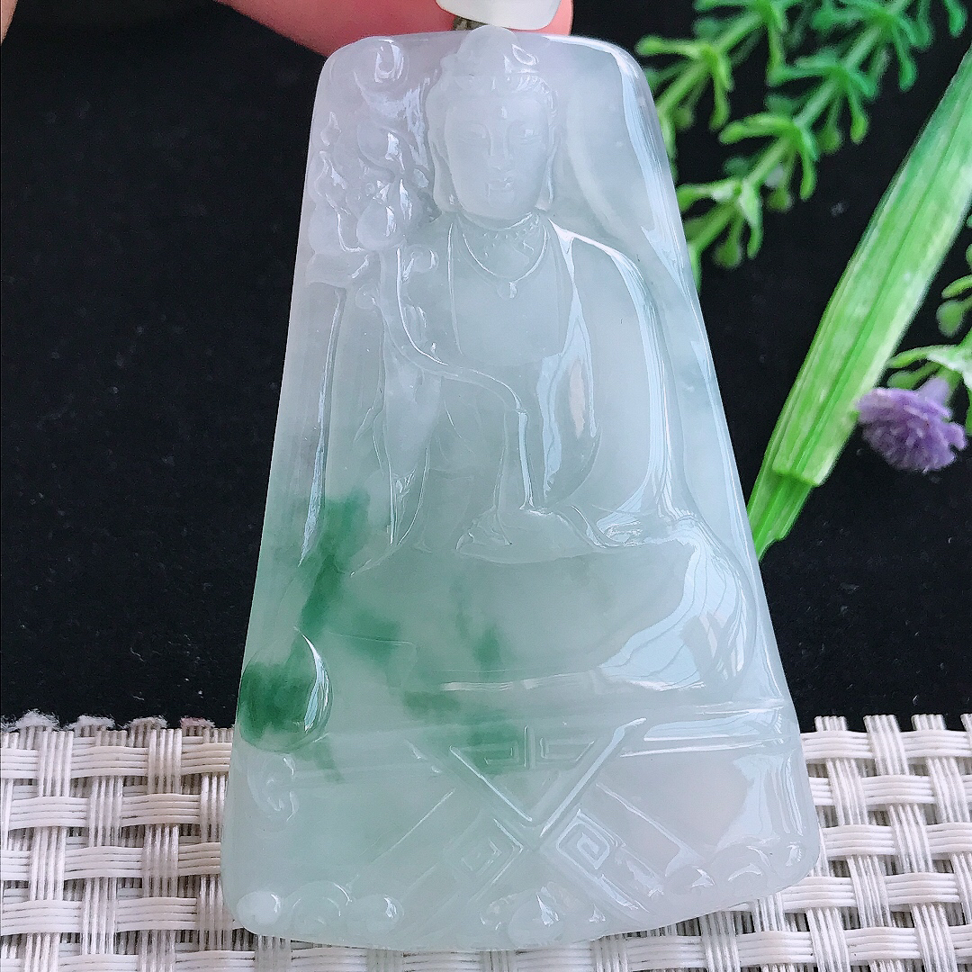 实拍A货翡翠67/44/7.5老坑冰润起胶冰飘花素衣观音吊坠翡翠玉大势至菩萨