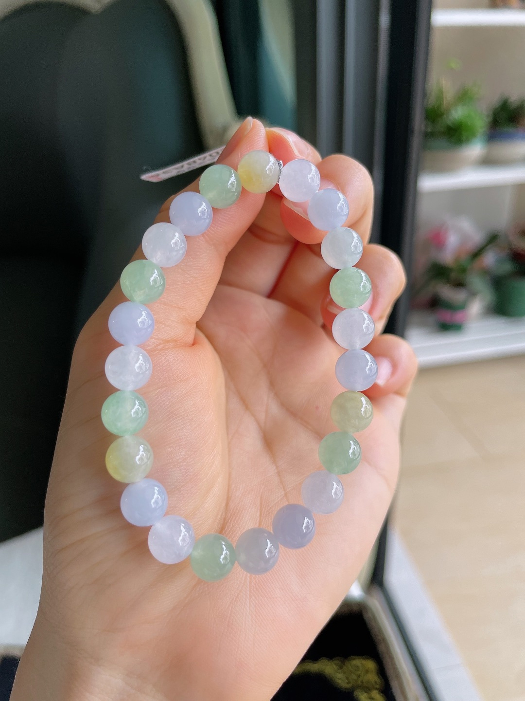 天然翡翠A货，冰多宝手串，尺寸：8mm。【编4299】