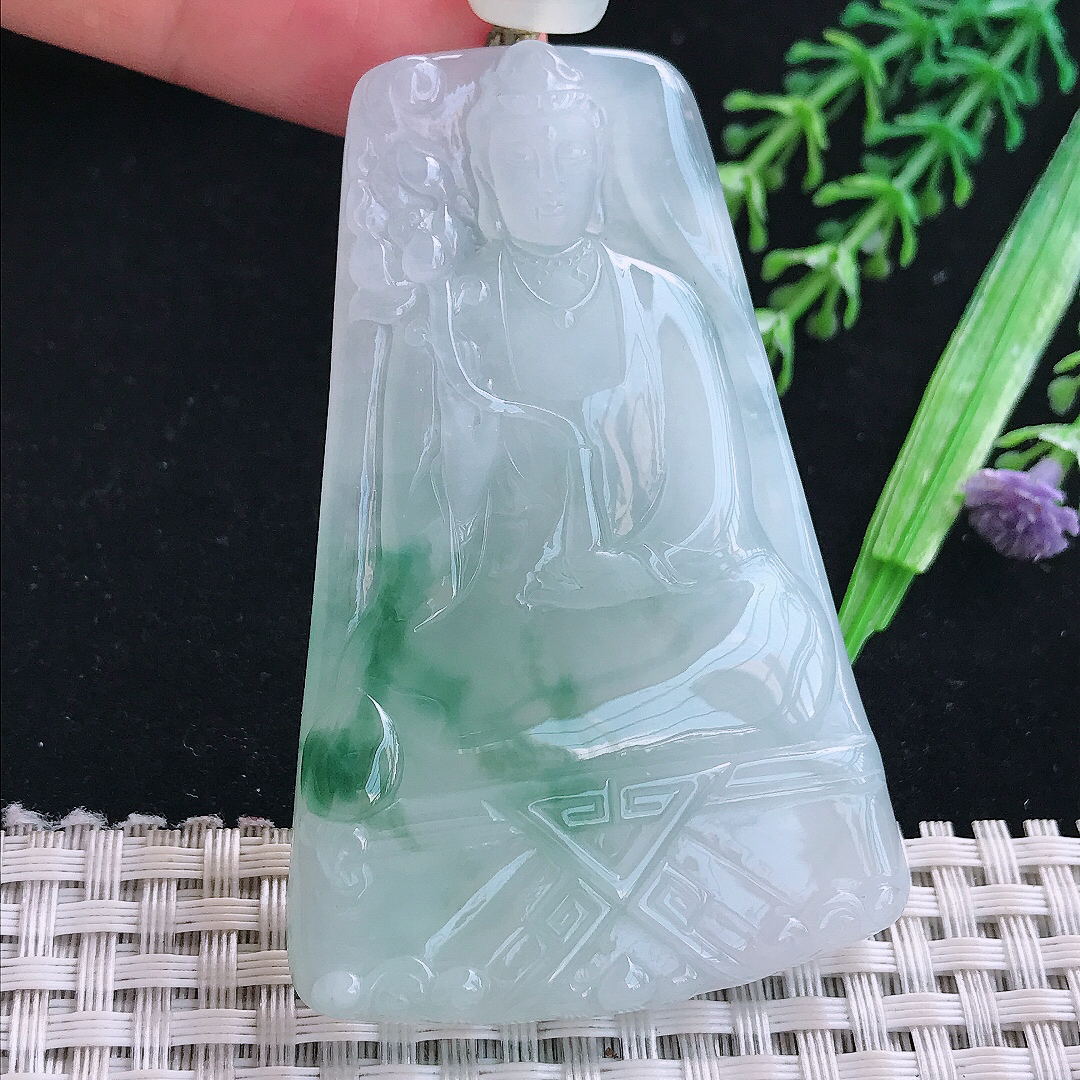 实拍A货翡翠67/44/7.5老坑冰润起胶冰飘花素衣观音吊坠翡翠玉大势至菩萨