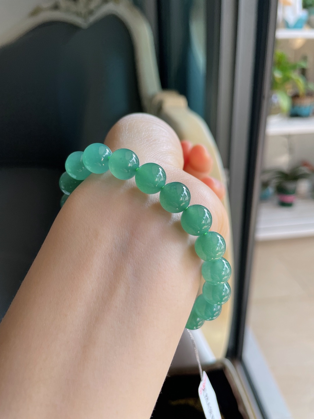 天然翡翠A货，冰蓝水手串，尺寸：9.8mm。【编3377】
