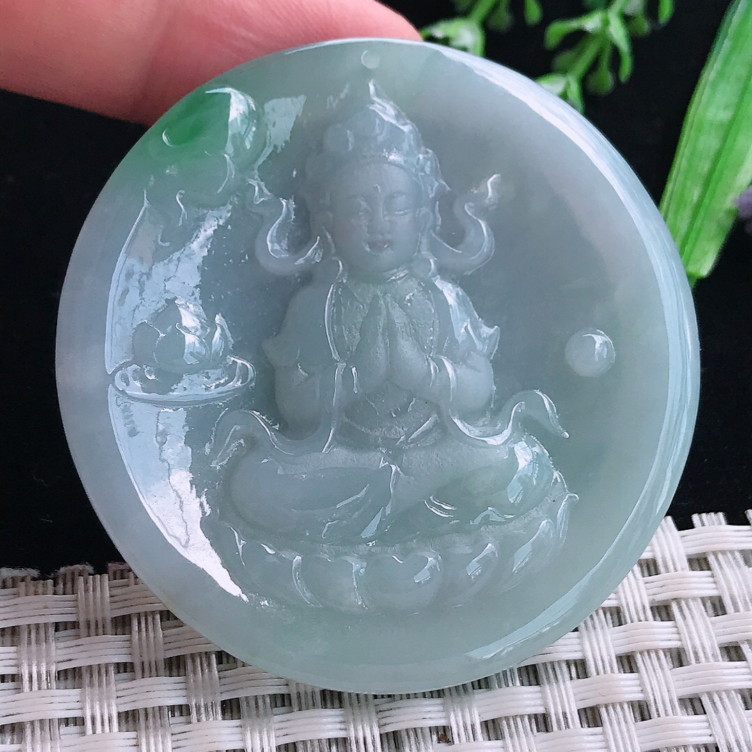 实拍A货翡翠53/5.5老坑冰润飘绿赐福观音吊坠翡翠玉挂件