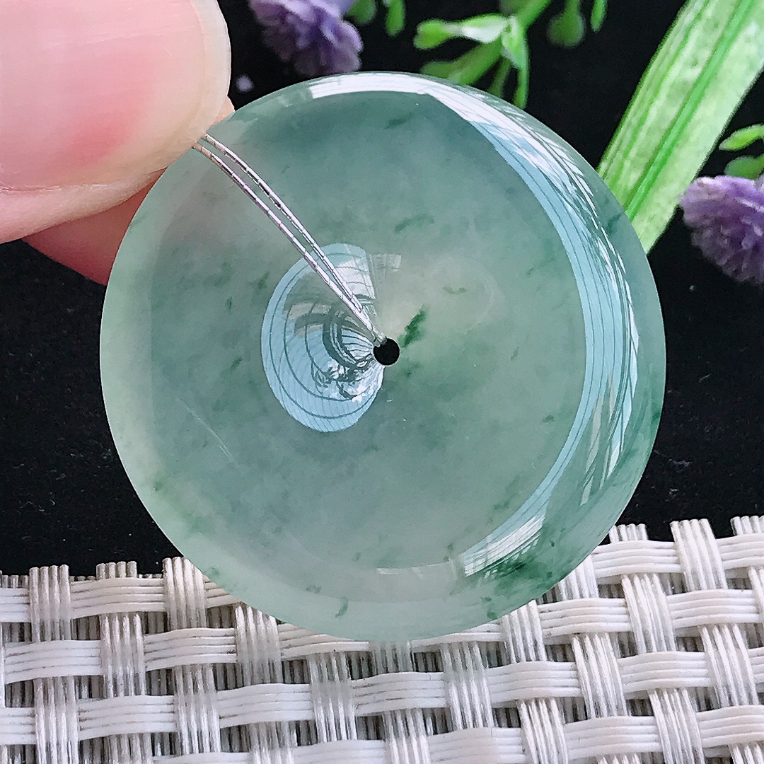 实拍A货翡翠34.9/6.2老坑冰种果冻冰飘花平安扣吊坠翡翠玉挂件